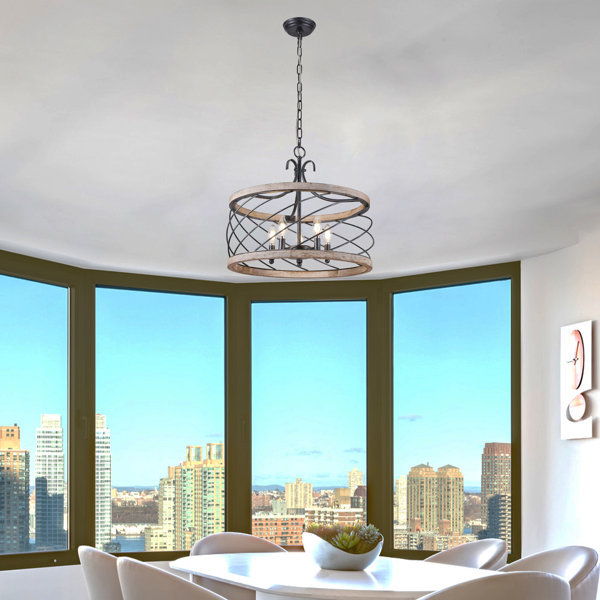 Gracie Oaks 24" DrumShaped Chandelier with Solid Wood and Metal